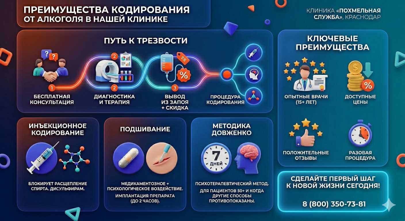 Инфографика о методах кодирования от алкоголя в Касимове: инъекции, подшивание, метод Довженко. Преимущества клиники и этапы лечения.