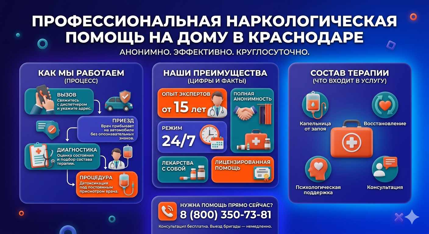 Инфографика о принципах лечения алкоголизма на дому в Касимове: этапы вызова нарколога, преимущества анонимной детоксикации и состав медицинской помощи.